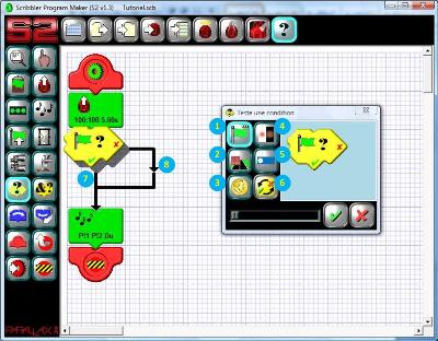 Fenêtre de paramétrage du bloc de test dans le logiciel de programmation du robot Scribbler 2